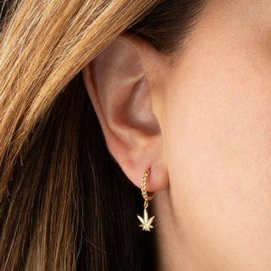 14K Yellow Gold Leaf Cannabis Cuban Link Huggie Earrings